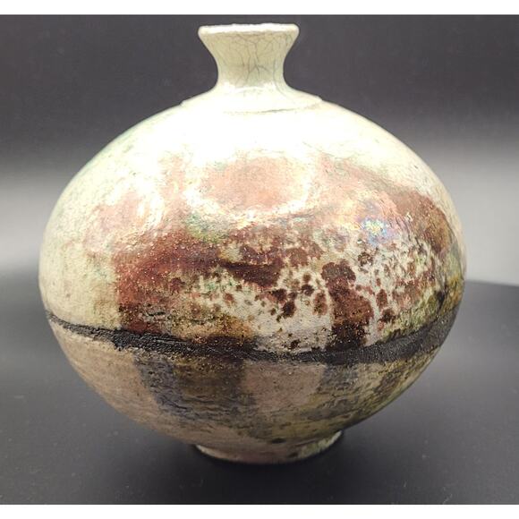 Art Pottery Art Splash Raku Crackle Glaze Ceam bronze purple green vase - Picture 2 of 9